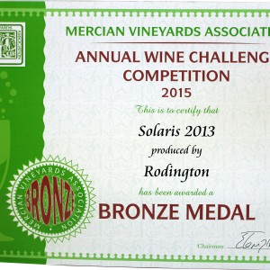 Solaris 2013 – Mercian Vineyards Association Annual wine Challenge 2015 Bronze medal